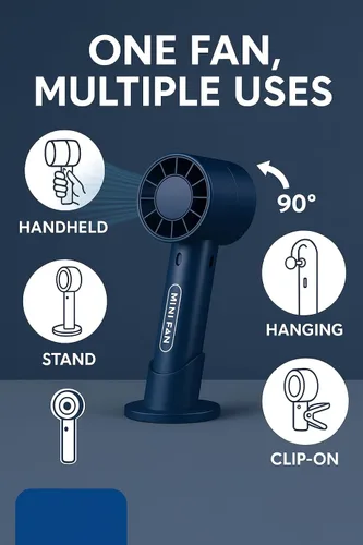 Vista 8 de Mini ventilador de mano – Ventilador portátil recargable por USB, 5 velocidades, silencioso y potente ventilador personal para viajes, escritorio