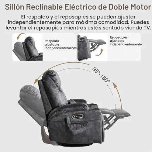 Vista 3 de Silla reclinable giratoria ajustable con motor doble gris (Velvet Gray)