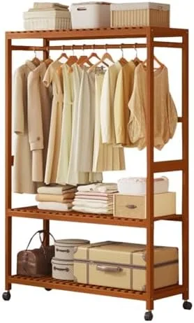 Vista 8 de Portable Bamboo Clothes Rack with Shelves - Free Standing Wooden Wardrobe, Rolling Garment Rack for Bedroom, Adjustable Multi-Storage Organizer with