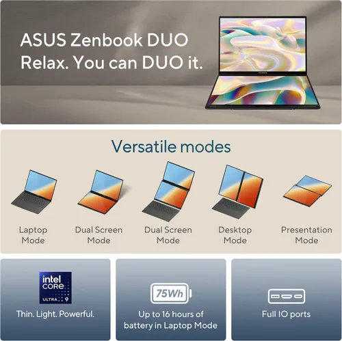 Vista 2 de ASUS Zenbook Duo portátil, pantalla táctil OLED 3K 120Hz dual de 14 pulgadas, Evo, Intel Core Ultra 9 285H, gráficos Intel Arc, 32 GB de RAM, SSD