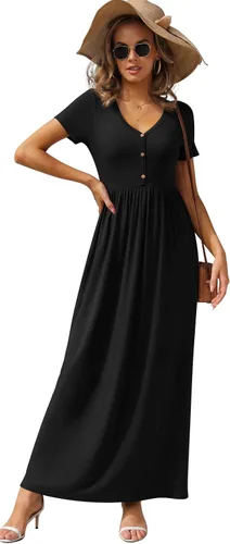 Vista 2 de GRECERELLE Vestido largo para mujer, manga corta, cuello en V, casual, con botones, con bolsillos