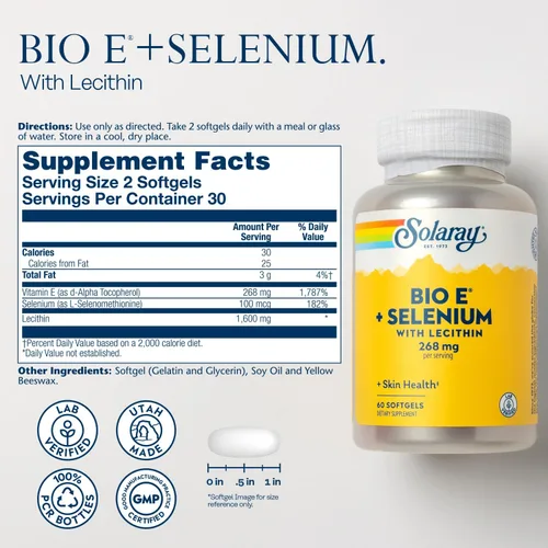 Vista 2 de SOLARAY Bio Vitamina E con selenio - Suplemento de vitamina E y selenio, apoyo para la salud de la piel y el corazón para hombres y mujeres, 268 mg