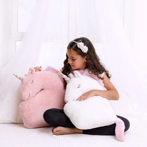 Vista 2 de Perfectto Design Juego de 2 almohadas decorativas de unicornio para la habitación de las niñas y los niños, felpa esponjosa blanca y rosa para bebé