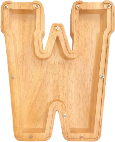 Vista 26 de Alcancía de 26 letras del alfabeto inglés A-Z, alcancía de madera transparente de gran capacidad, caja de ahorro de monedas personalizada