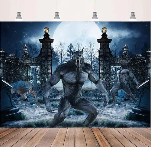 Vista 3 de Telón de fondo de fotografía de hombre lobo, noche de Halloween, fondo de cementerio aterrador, decoración de póster de baño de bebé, decoración