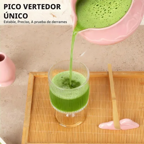 Vista 4 de Juego de 8 piezas de batidor de matcha con cuenco de cerámica, cuchara, descanso, tamiz, tapete de té, tarjeta de felicitación, soporte