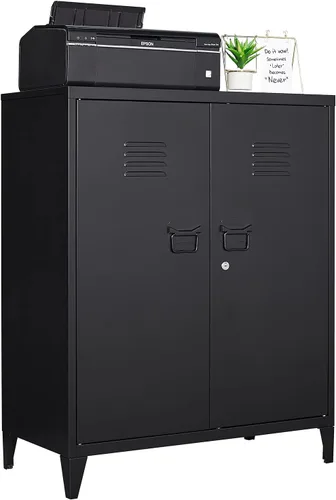 Vista 22 de Armario de almacenamiento de metal con 2 puertas y estantes ajustables, armario de metal ancho, gabinete de almacenamiento bajo, gabinete de acento