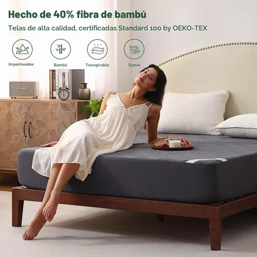 Vista 3 de Protector de colchón impermeable de 40% rayón derivado del bambú, cubrecolchón con tejido de aire 3D transpirable, con bolsillo profundo de 8 a 21