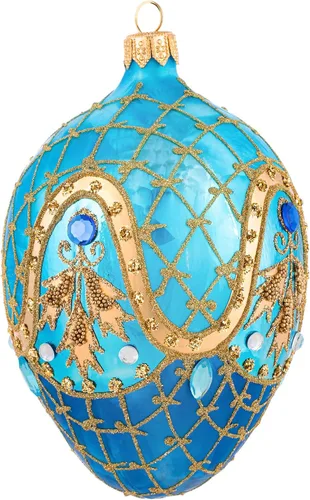 Vista 3 de Colección Palace de Miss Christmas 2025 Huevo Fabergé Azul y Dorado de 5 Pulgadas de Vidrio Soplado para Árbol de Navidad (Azul Elegante y Plata)