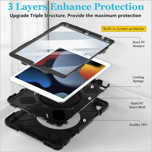 Vista 6 de Funda para iPad de 9ª/8ª/7ª generación de 10,2", color negro Shockproof Protective Silicone Cover with Rotatable Stand-Screen Protector-Handle
