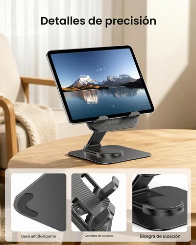 Vista 7 de OMOTON TA04 Ultra-Slim Tablet Stand for iPad, Swivel Phone Holder for Desk 360°Rotation Metal base with plastic panel, Adjustable angle, Silicone