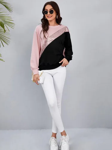Vista 5 de SHENHE Sudadera casual de manga larga con cuello redondo y bloques de color para mujer