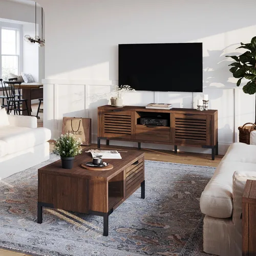 Vista 5 de Bme Millie - Soporte de TV de madera maciza para televisores de hasta 65 pulgadas, moderno soporte de TV de estilo granja con encanto rústico