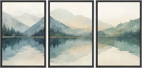 Vista 108 de SIGNWIN Lienzo enmarcado para pared, juego de arte tranquilo con reflejo de lago, acuarela, montaña y agua, ilustraciones modernas, arte abstracto
