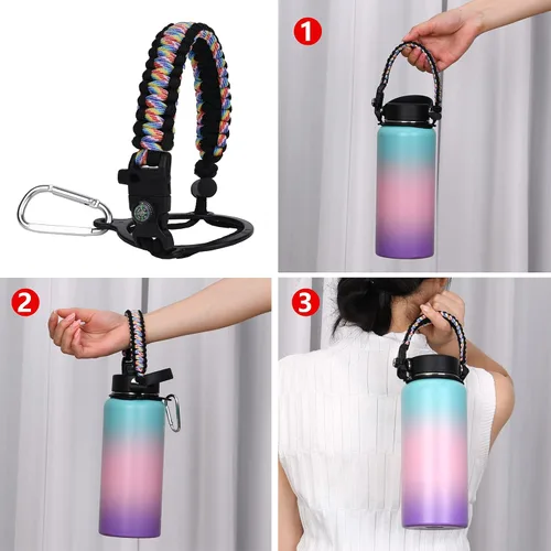 Vista 3 de Wongeto Mango de paracaídas, correa de supervivencia con anillo de seguridad y mosquetón, compatible con botellas de agua de boca ancha Hydro Flask