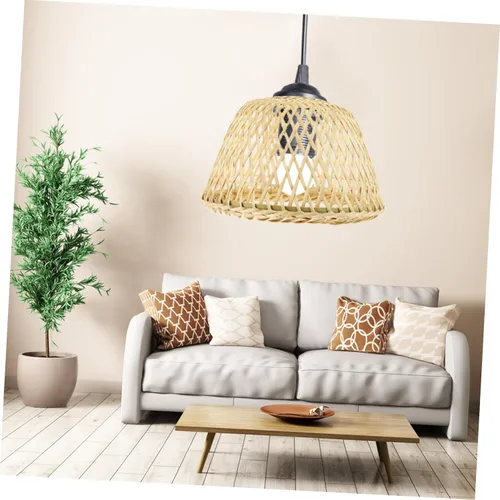 Vista 7 de OSALADI Pantalla de bambú tejida para lámpara con soporte de plástico, lámpara de bambú para granja, pantalla colgante rústica, pantalla natural