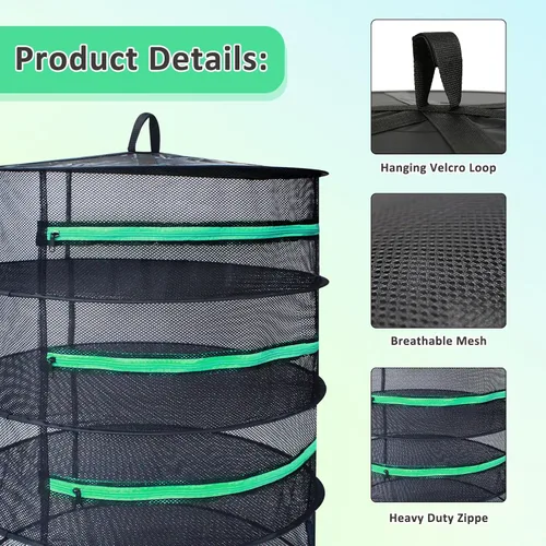 Vista 3 de Growsun 18 '' Diámetro 6 Capa Hierba Secado Rack Planta Colgante Malla Red Seca W/Verde Cremallera
