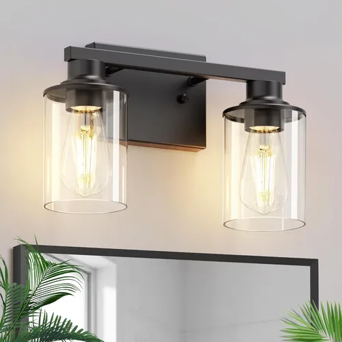 Vista 10 de L LOHAS LED Lámparas de baño negras de 2 luces, accesorios de iluminación modernos sobre espejo con pantalla de vidrio transparente, luces