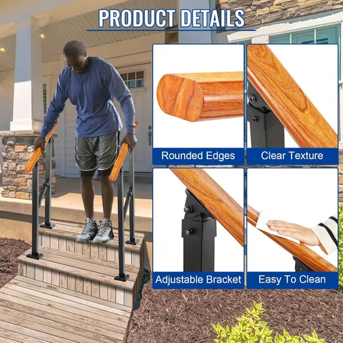 Vista 6 de Kit de pasamanos de escalera al aire libre UOKRR, pasamanos de hierro con grano de madera para interior, se adapta a 1-2 escalones