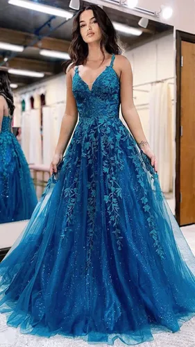 Vista 2 de Vestidos de fiesta de tul con purpurina para mujer, apliques de encaje, gwons de bola larga con tirantes delgados, vestidos de noche en línea A 2023