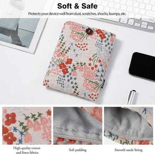 Vista 3 de MoKo Funda protectora acolchada bordada de margaritas de 6-7 pulgadas para Kindle Colorsoft Signature Edition 2024 de 7 pulgadas, Kindle Beige