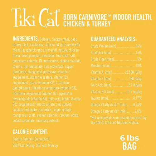 Vista 3 de Tiki Cat Born Carnivore Indoor Health, harina de pollo y pavo, bolsa de 6