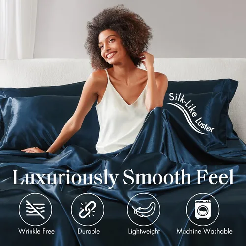 Vista 91 de Madison Park Essentials - Juego de sábanas de satén de lujo y sedoso con brillo natural, bolsillo elástico de 14 pulgadas para colchones de hasta 16