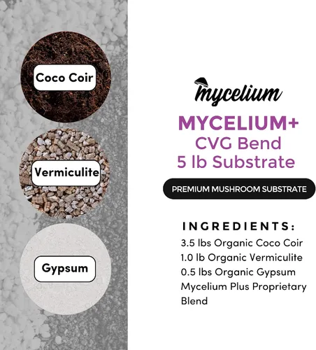 Vista 3 de Mycelium Kit de cultivo de hongos Plus I Sustrato CVG (fibra de coco, vermiculita, yeso) Mezcla patentada para cultivo de alto rendimiento, bolsa