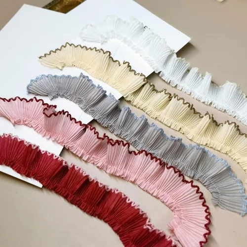 Vista 5 de Cinta de gasa plisada de 1 yarda x 1.2 in, ribete de volantes para bricolaje, apliques de costura, borde beige + marrón
