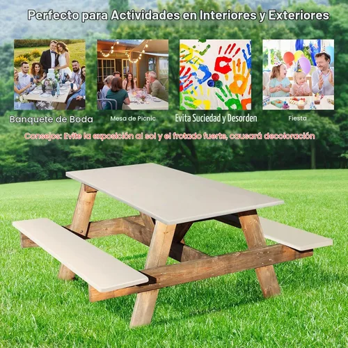 Vista 5 de [Usado] Funda de mantel ajustable de 3 piezas para mesa de pícnic y bancos, para mesa de 6 pies, 30 x 72 pulgadas, vinilo con bordes elásticos Beige