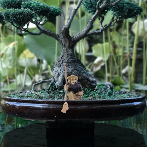Vista 9 de DOITOOL Mini figura de pescador, figura de bonsái de pescador de cerámica en miniatura, estatua china de jardín de pesca sentada para micro paisaje