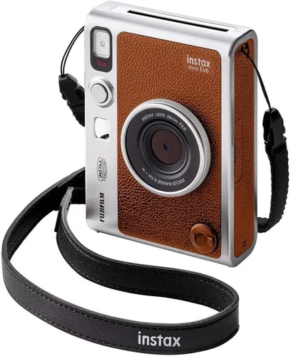 Vista 5 de FUJIFILM INSTAX MINI EVO Cámara instantánea híbrida Paquete marrón con película Instax Mini 20 exposiciones + tarjeta micro SD de 64 GB + mini