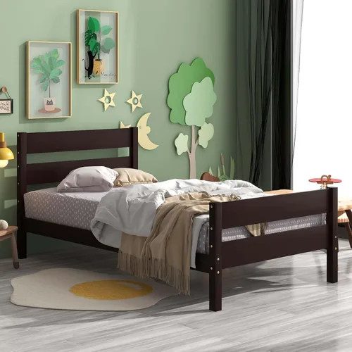 Vista 3 de Base de cama de plataforma de madera de tamaño individual con cabecera y estribo de estilo moderno, marco de cama de madera con patas de soporte