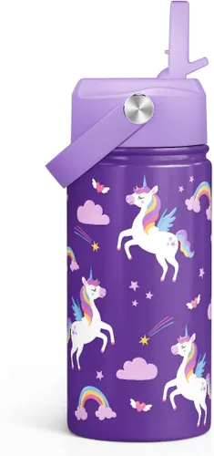 Vista 24 de SANDJEST Botella de Agua para Niños con Tapa de Pajita - 12 Oz Botella de Acero Inoxidable Aislada con Dibujo de Animales para Niños y Niñas - Taza