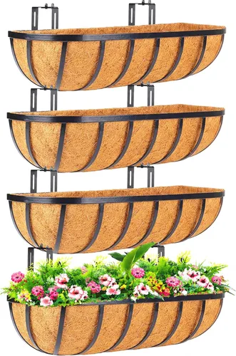 Vista 9 de Maceta de barandilla para ventana, paquete de 2 macetas de 24 pulgadas para balcón con forro de coco y fibra de coco, cesta de flores colgante