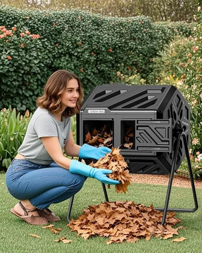 Vista 8 de THE GROW'ING Contenedor de compostaje actualizado de 43 galones para exteriores, compostador giratorio de montaje rápido, compostador de doble