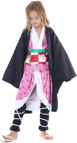 Vista 3 de Disfraz de cosplay rosa para mujeres y niñas, conjunto completo de kimono, uniforme negro, trajes de cosplay para Halloween para niños y adultos
