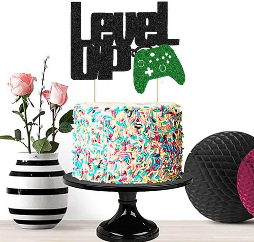 Vista 2 de Level Up - Decoración para tartas con purpurina negra y verde para fiesta de videojuegos, controlador de videojuegos, fanáticos de juegos, temática