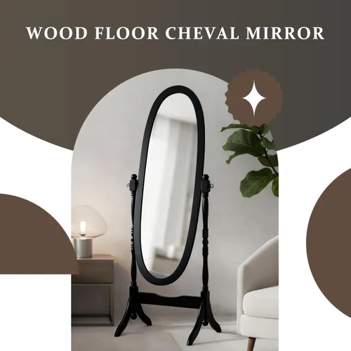 Vista 3 de Espejo de longitud completa con soporte, espejo de madera estilo vintage, espejo Cheval tradicional ajustable de pie de longitud completa (negro)