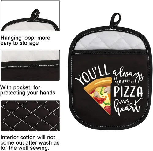 Vista 3 de Almohadillas para horno con temática de pizza, con bolsillo para amantes de la pizza, con bolsillo con texto en inglés "You Always Have A Pizza My