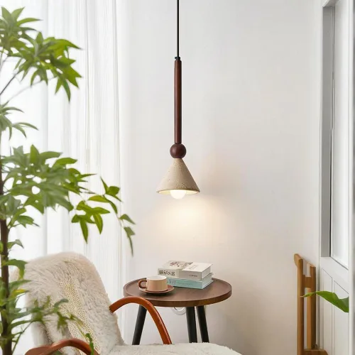 Vista 2 de Dining Room Pendant Lights Fixtures Small Cone Yellow Travertine Chandelier Nordic Retro Wood Hanging Lamp for Farmhouse Bedroom Staircase