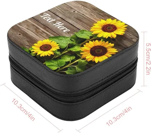 Vista 2 de Joyero de viaje de madera de girasol personalizado con nombre con foto y texto, joyero para mujeres y niñas, estuche organizador de joyas portátil