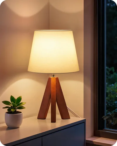 Vista 11 de Juego de 2 lámparas de mesa trípode pequeñas, lámpara moderna de mesita de noche con pantalla de tela, luz de escritorio de madera estilo bohemio