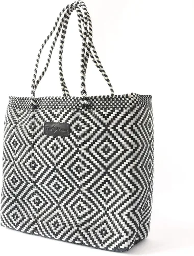 Vista 4 de Greca Bolso de mano tejido, bolso de playa blanco y negro, bolso de plástico reciclado ecológico, resistente al agua, hecho a mano por artesanos
