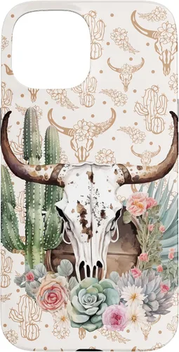 Vista 6 de Western Boho Chic Longhorn Bull Skull Cactus Beige Pattern Case for iPhone 17