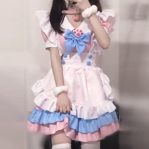 Vista 3 de EROOLU Rem Cosplay - Disfraz de sirvienta de gato Akiba Maid War Cosplay Nagomi Maid Sensou, vestido de sirvienta Lolita
