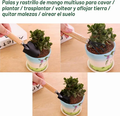 Vista 4 de Juego de 3 mini herramientas de jardín, palas pequeñas y rastrillo de mano con mango de madera maciza, herramientas de jardinería
