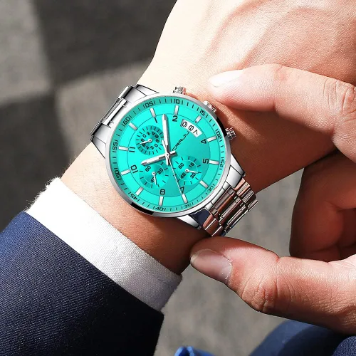 Vista 5 de CRRJU - Reloj de pulsera, de acero inoxidable para hombre, resistente al agua, cronógrafo, correa de acero inoxidable