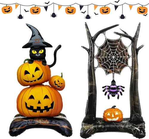 Vista 14 de 5 globos inflables de murciélagos de Halloween con diseño de murciélagos negros, decoraciones inflables de Halloween, día de la muerte, globos