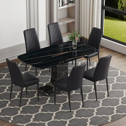 Vista 16 de Moderno juego de mesa de comedor para 4, mesa de vidrio de 63 pulgadas y base de MDF, mesa de comedor de mármol sintético negro con 4 sillas Mesa